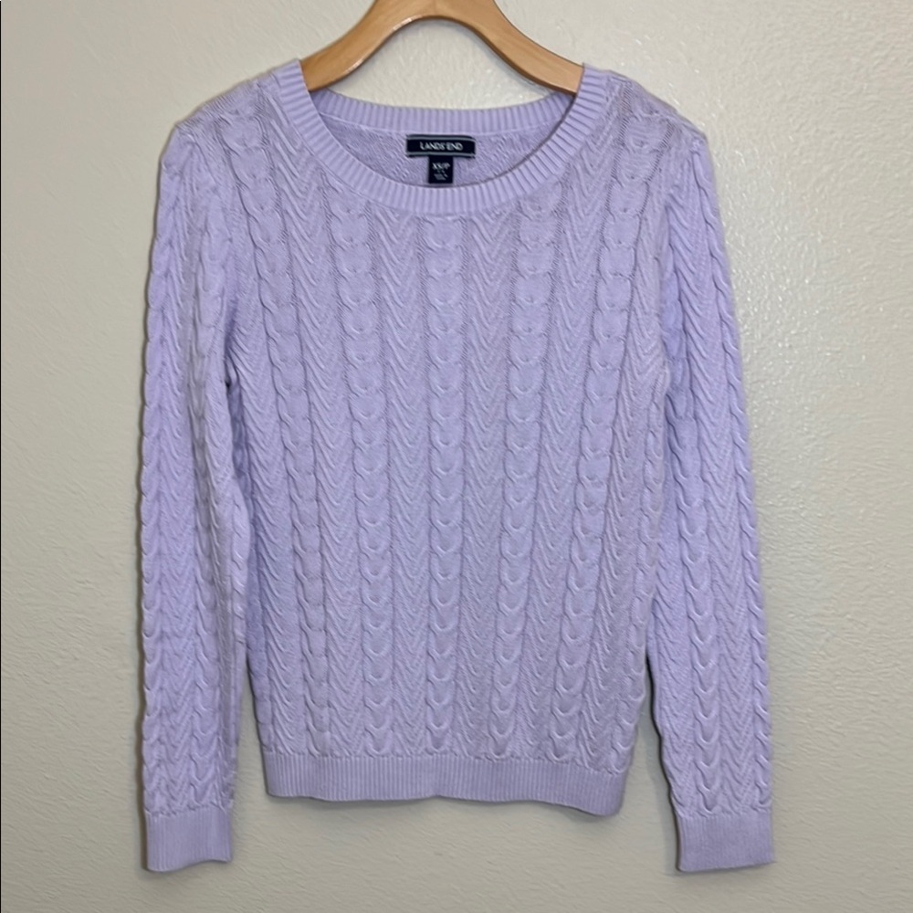 NWT Lands' End Pale Lavender Cotton Cable Knit Crew Neck Sweater
